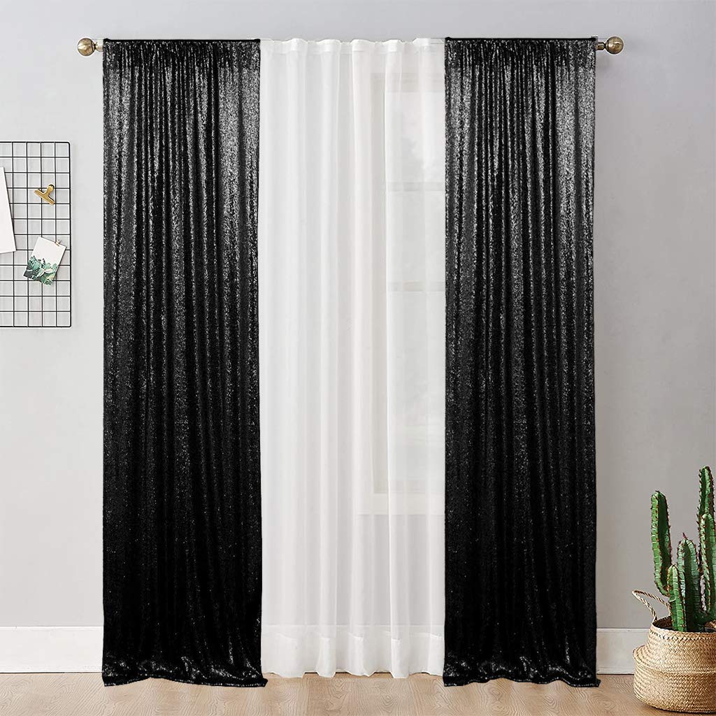 Black Sequin Backdrop Curtain Black Halloween Backdrop 2 Panels Glitter Backdrop Curtain For Party, Birthday,Wedding Decorations