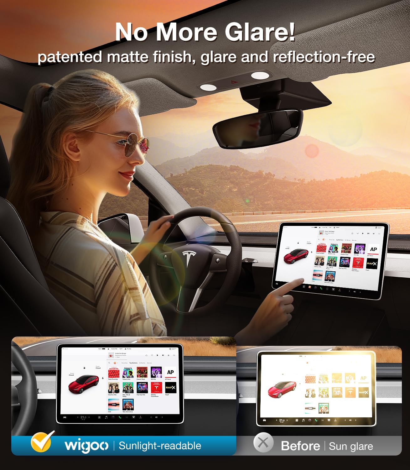 Wigoo 2024 Upgrade Tesla Model Y /3 Accessories Screen Protector Matte [No More Glare & Fingerprint] 9H Tempered Glass Protector