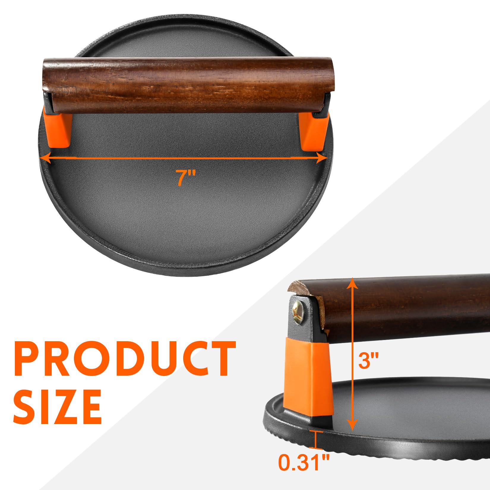 Ggc Smash Burger Press, Cast Iron Bacon Press For Hamburger, Steak, Bacon, Sandwiches, 7'' Round Meat Press With Wooden Handle F