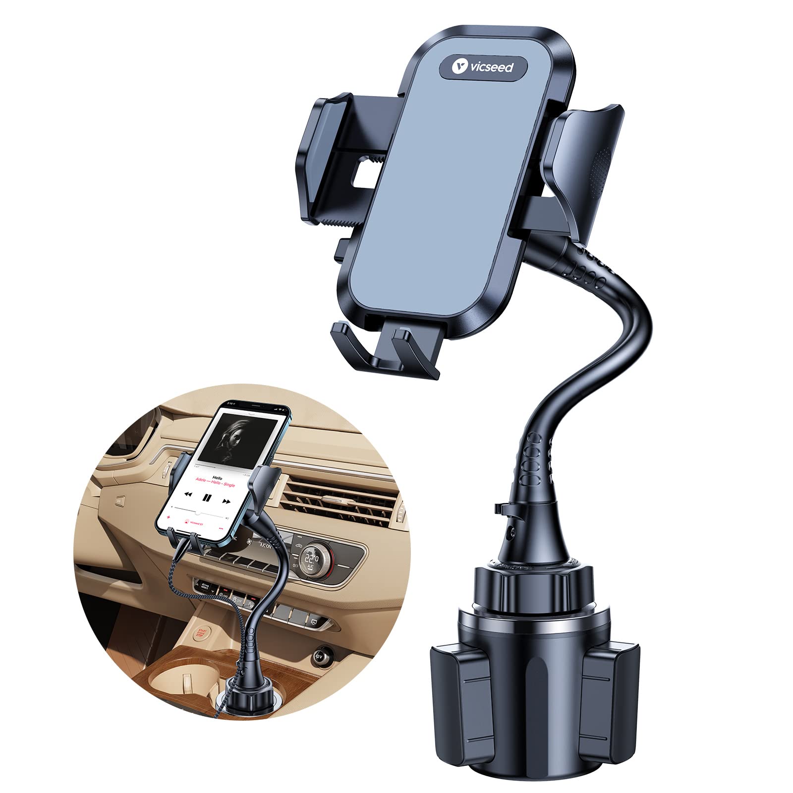 Vicseed Cup Holder Phone Mount, Adjustable Long Neck, Fits Iphone 14, Samsung Galaxy S22, And More, Grey