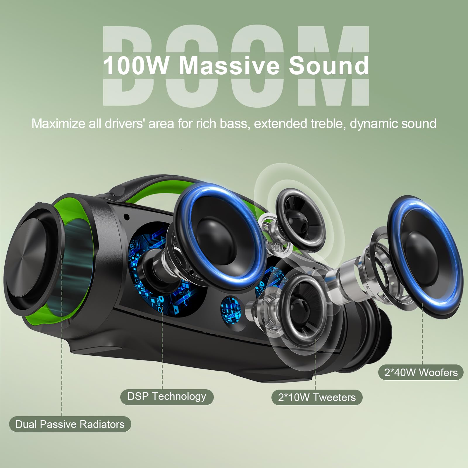 Doss Extreme Boom Pro Loud Bluetooth Speaker With 100W Stereo Sound, Extra Bass, 20H Playtime, Party Sync Led Lights, Built In Power Bank, Ipx6 Waterproof Outdoor Speaker For Camping, Pool Green