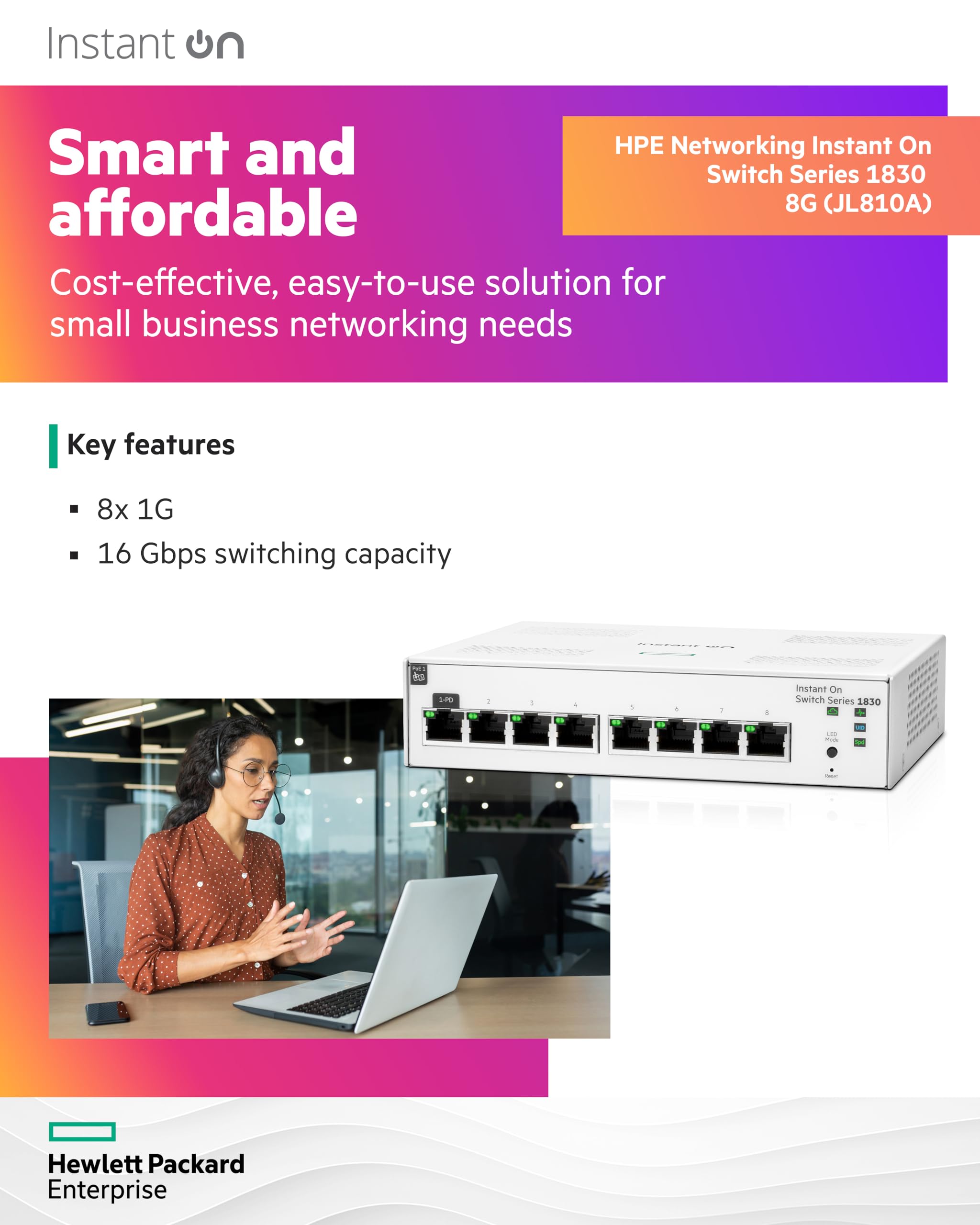 Aruba Instant On 1830 8-Port Gb Smart Switch | Fanless | Us Cord (Jl810A#Aba)