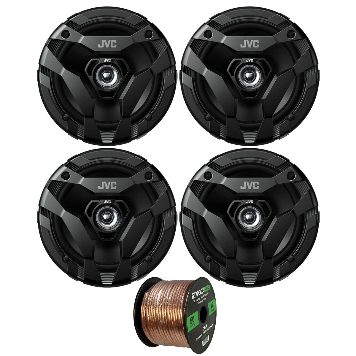 2 Pairs (Qty 4) Of Jvc 6.5'' 300W Max Power Car Audio 2-Way Coaxial Vehicle Speakers Bundle Combo With 50 Ft 16 Gauge Audio Spea