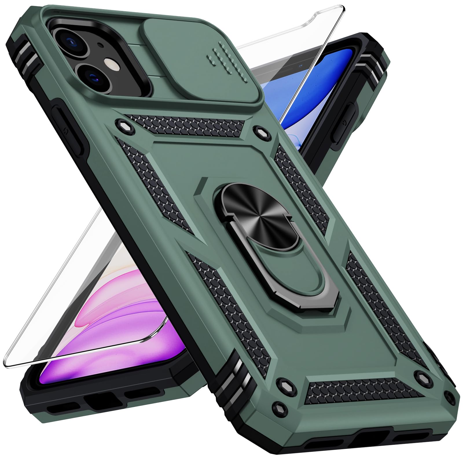 Weycolor For Iphone 11 Case With Camera Lens Cover, Hd Screen Protector, 10 Ft Military Grade Drop Protection, Magnetic Ring Hol