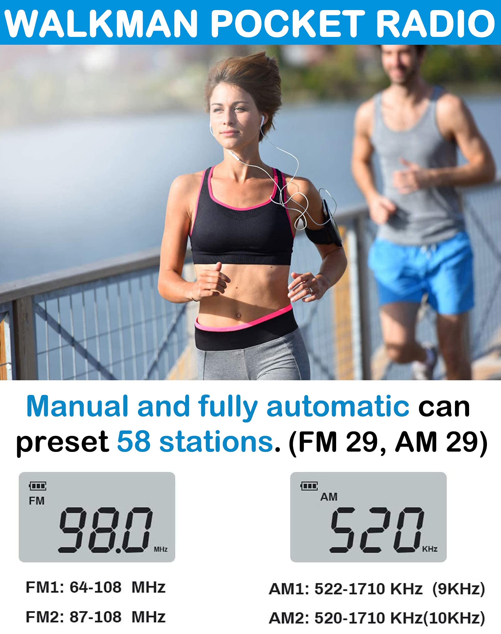 Hanrongda Portable Radio Am/Fm Walkman With Excellent Reception And Stereo Sound, Pocket Radios With 58 Preset Stations, Built I