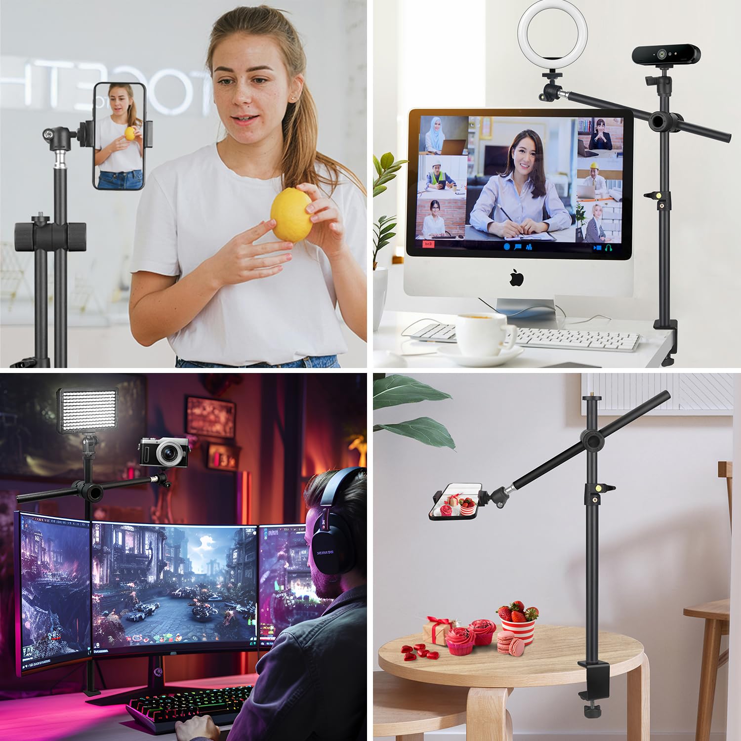 Overhead Camera Mount Desk Stand With Magic Arm, Webcam Stand With 360 Adjustable Extension Arm, Ball Head, Phone Holder, Tablet