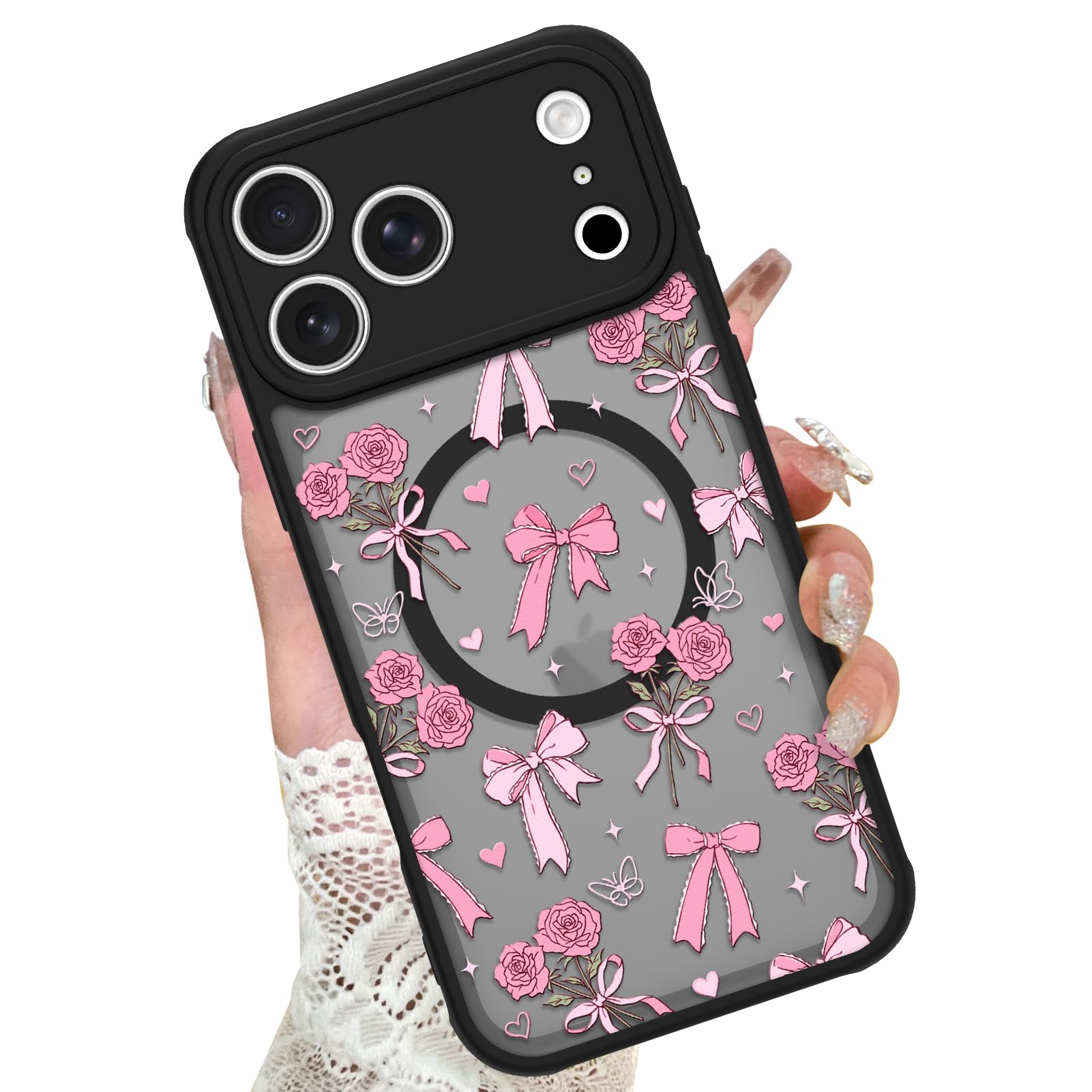 KANGHAR Case Compatible with iPhone 17 Pro Bows Bouquet Pattern [Compatible with Magsafe] Cute Flowers Florals Protective Magnet