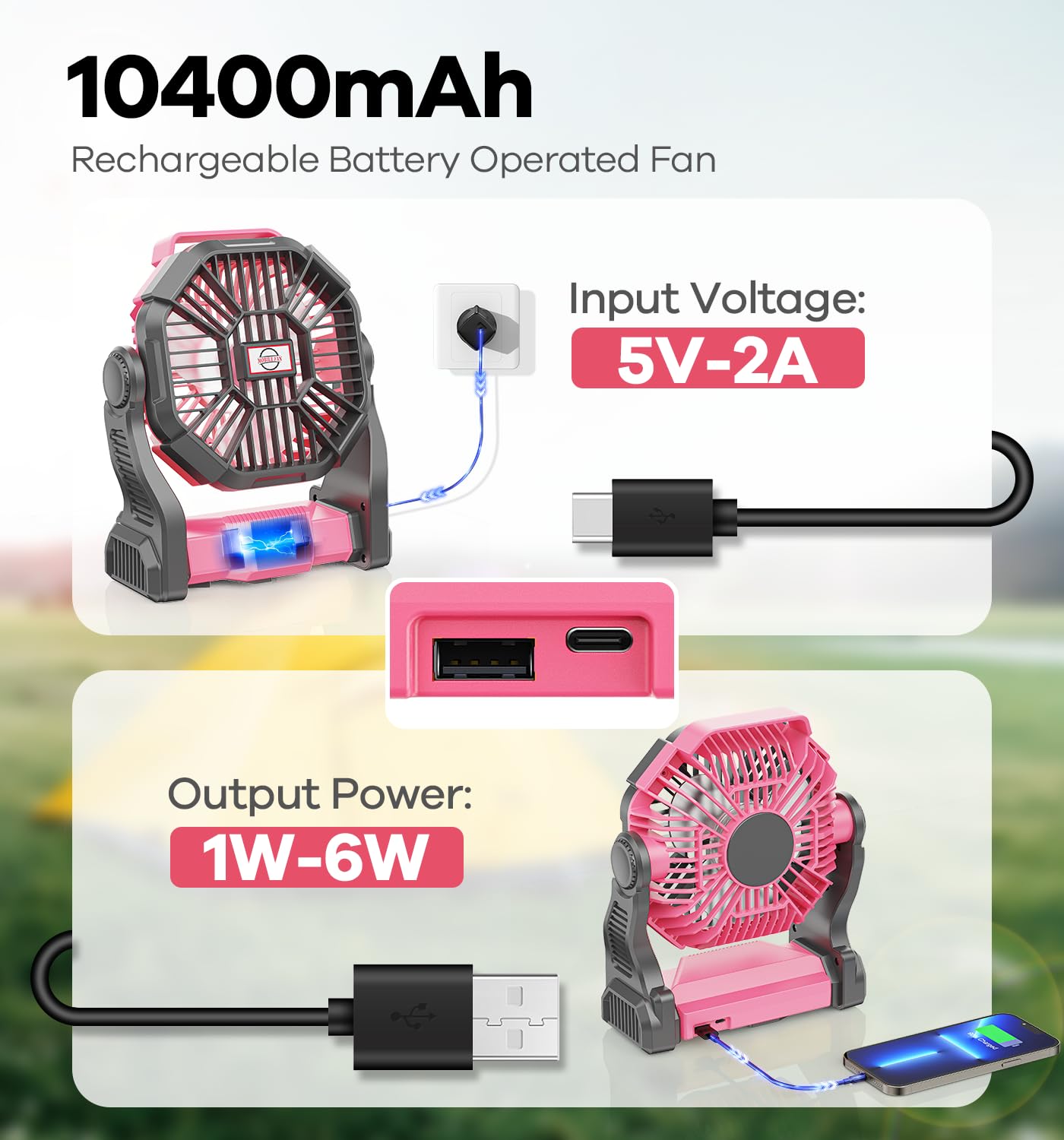 Dowilldo Camping Fan With Led Lantern, 10400Mah Portable Battery Operated Outdoor Fan, Personal Rechargeable Fan For Travel, Hik