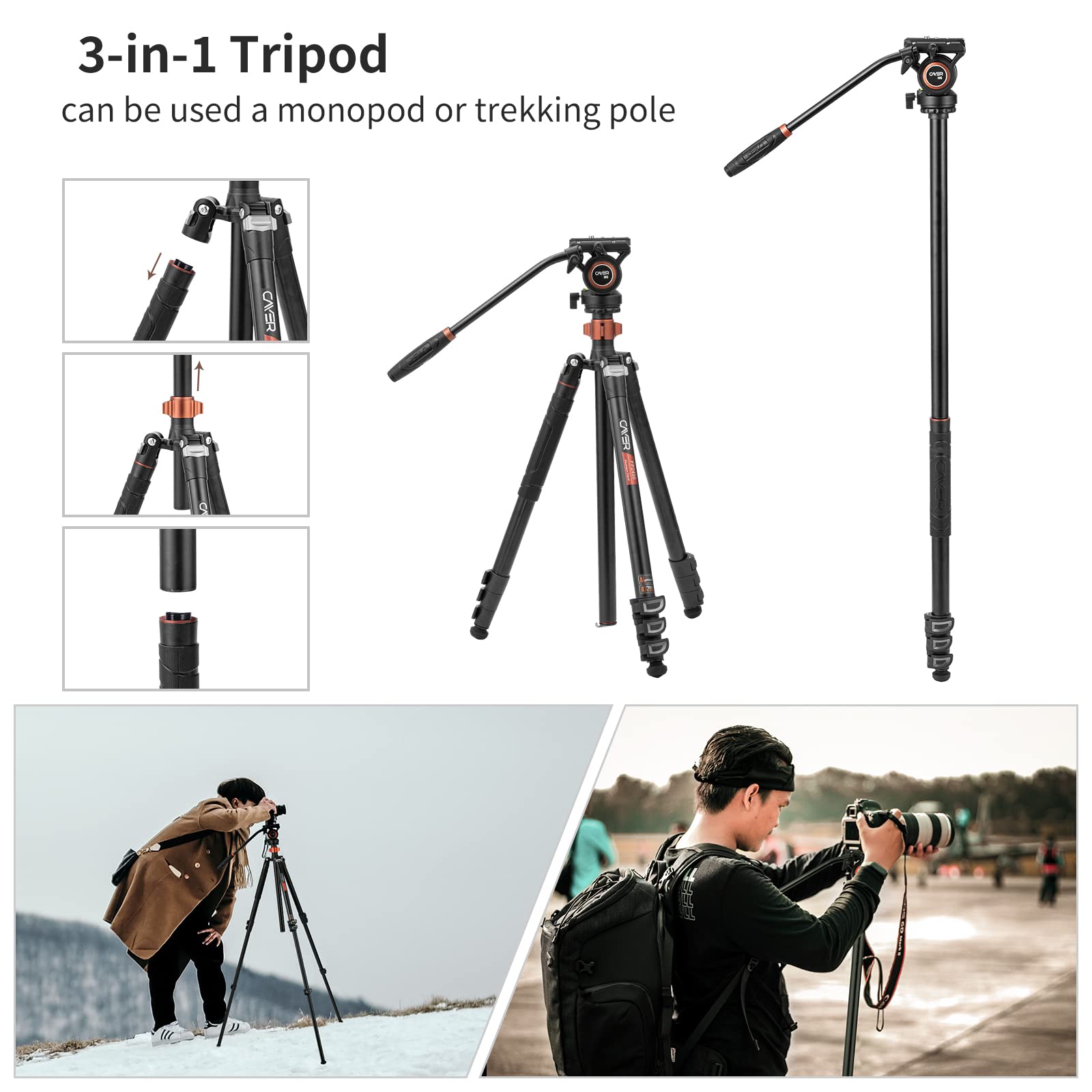 Cayer Fp2450 Fluid Head Tripod, 75 Inches Aluminium Video Tripod, 4 Section Compact Camera Tripod Monopod With Fluid Head For Ds