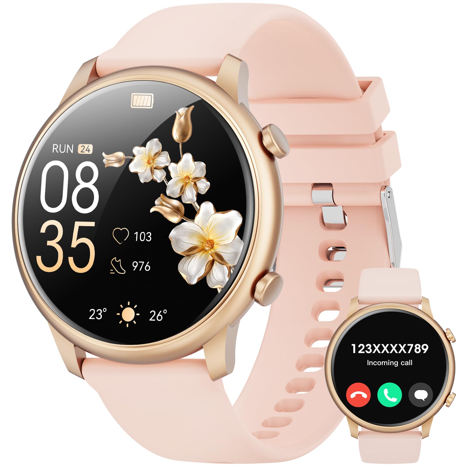 Hwagol Smart Watches For Women Android Phones Iphone Compatible[Make&Answer Calls/Full Screen No Black-Circle],1.39'' Round Spor