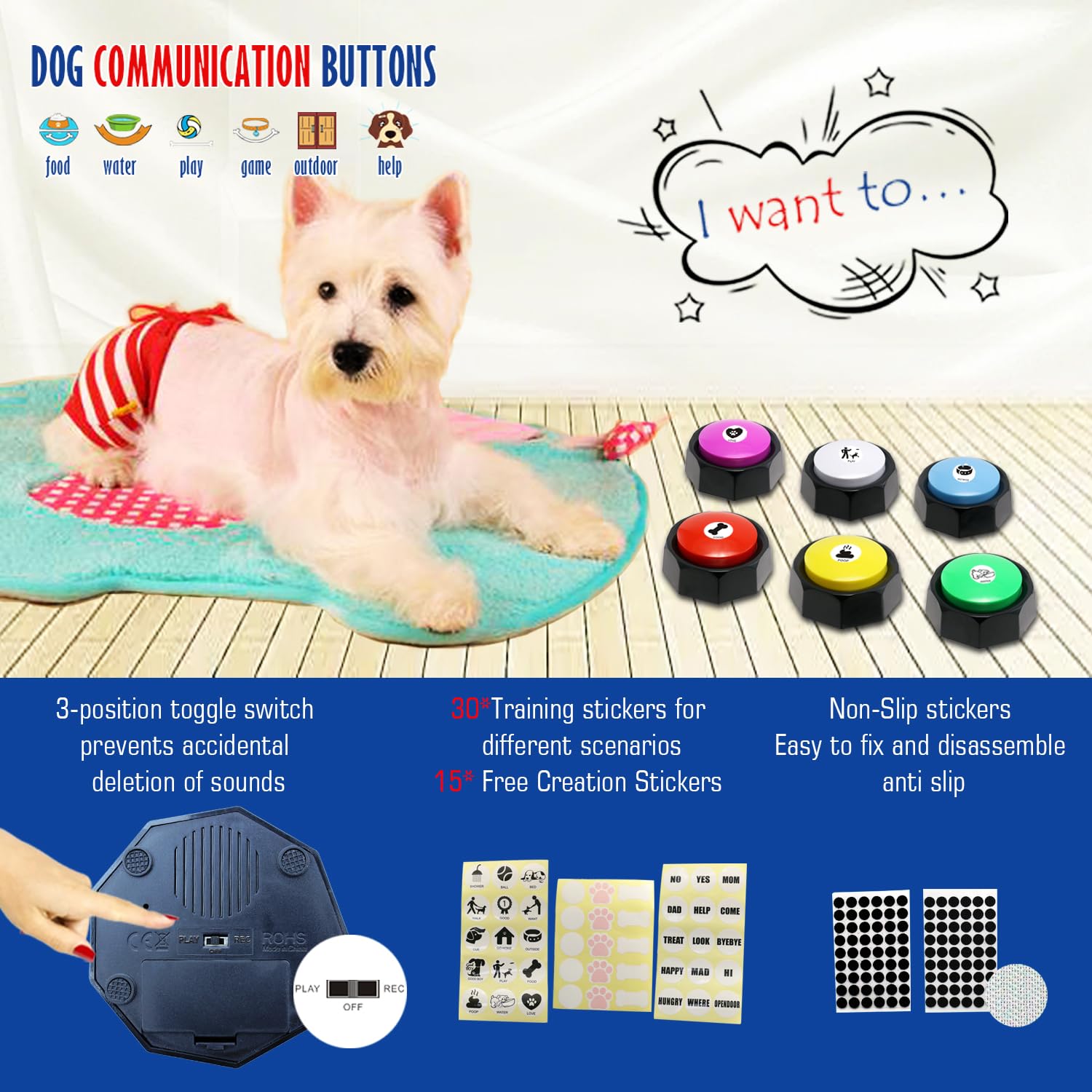 Recordable Buttons, Dog Training And Communication Buttons, Pack Of 6, 30 Seconds Recording, 30 Scene Stickers,15 Custom Sticker