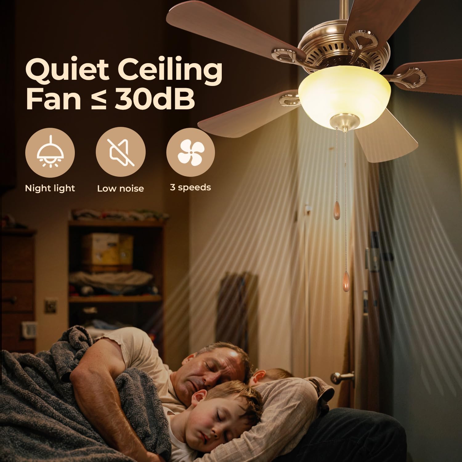 42 Inch Ceiling Fan With Light, Low Profile Ceiling Fan With Light, Fan Pull Chain With 5 Dual Sided Blades, 3 Speed Dc Reversib