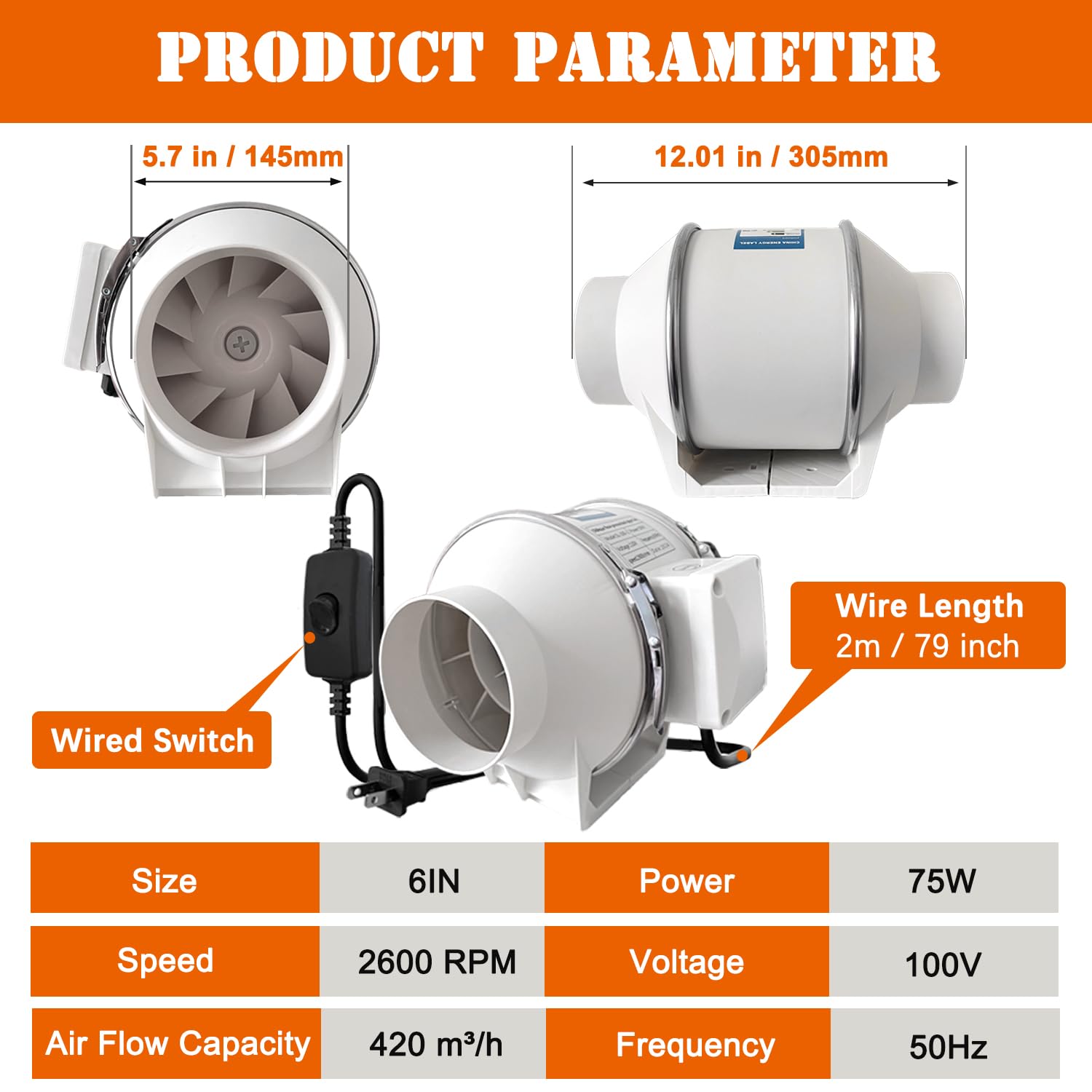 Camnwamn 6 Inch Duct Fan, 75W High Efficiency Inline Exhaust Fan, 390 Cfm Duct Intake Fan, Flow Ventilation System Exhaust Air F