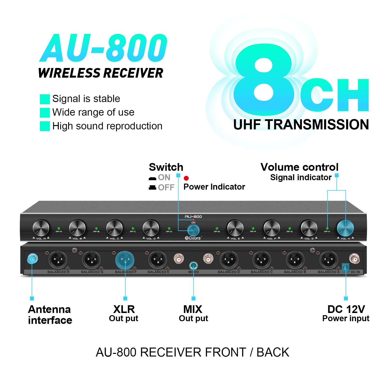 D Debra Audio Au800 Pro Uhf 8 Channel Wireless Microphone System With Cordless Handheld Lavalier Headset Mics, Metal Receiver, I