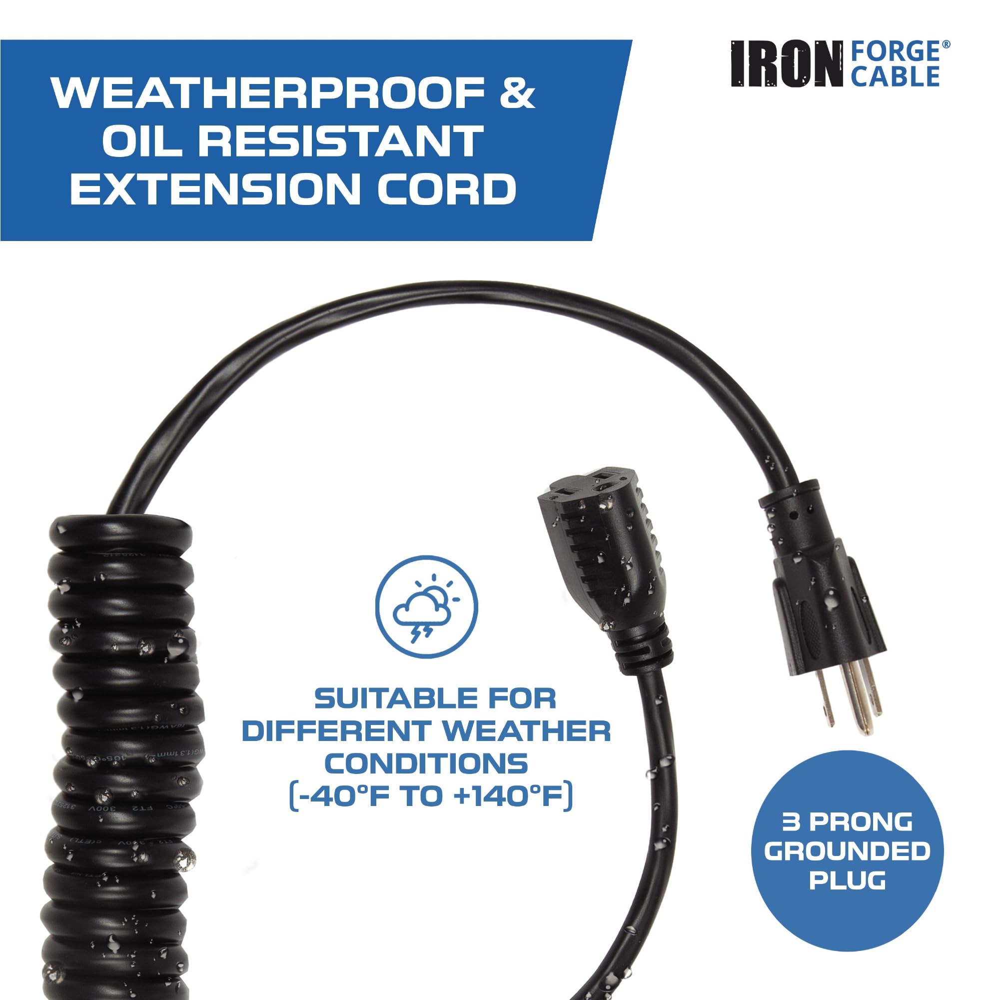 Iron Forge Cable 50Ft Black Coiled Outdoor Extension Cord   16/3 Sjeow Oil Resistant & Flame Retardant 3 Prong 13 Amp Power Cord