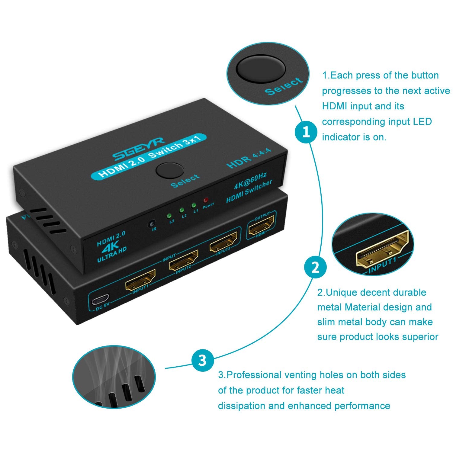 Sgeyr Hdmi 2.0 Switch Splitter 3 Port 4K Hdmi Switcher 3 In 1 Out Hdmi Switches Selector Box With Ir Remote Ir Remote Control Support Hdcp 2.2 Support 4K@60Hz Ultra Hd 3D 2160P 1080P
