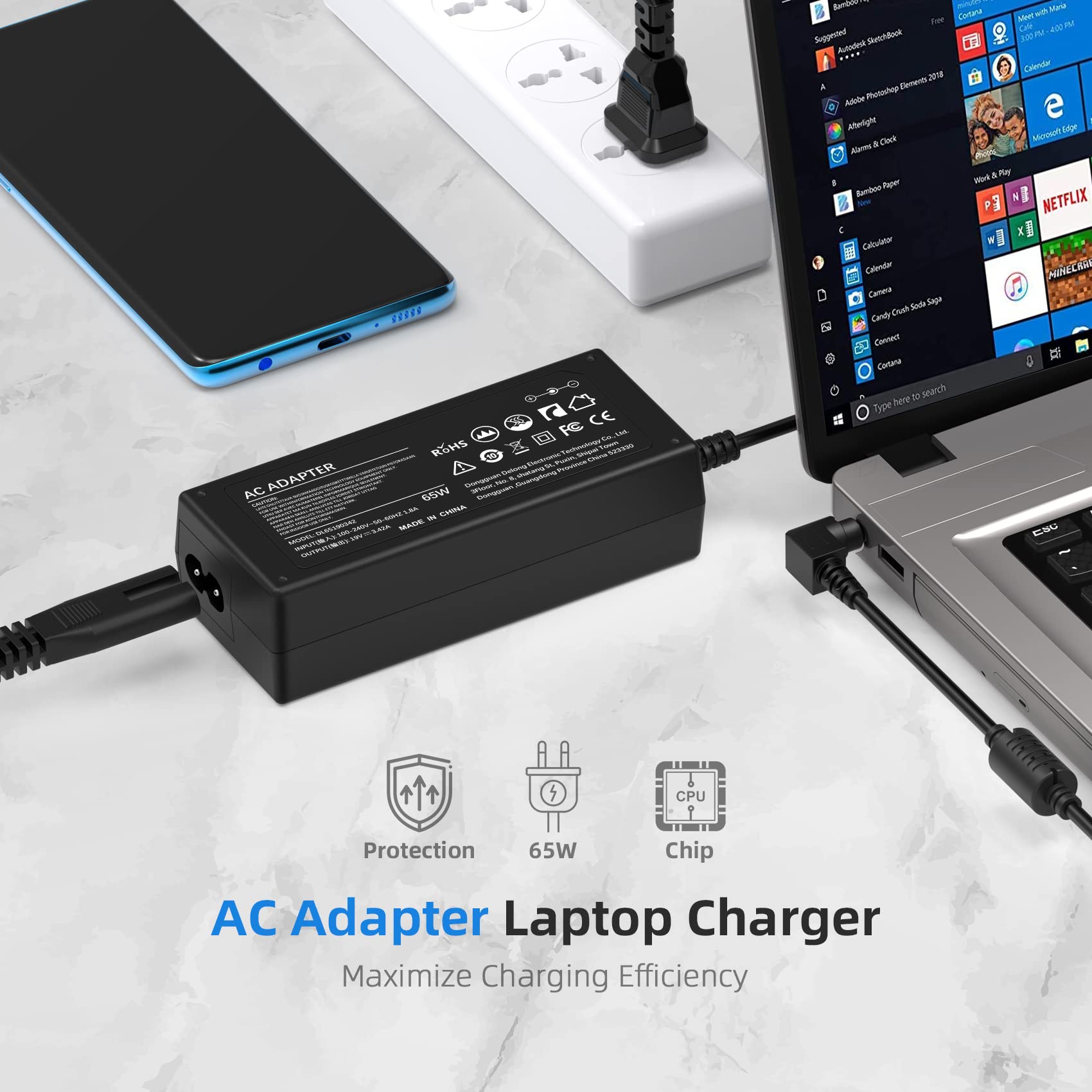 65W Ac Adapter Laptop Charger For Toshiba Satellite C55 C55D C55T C655 C675 C850 C855 C855D C875 L645 L645D L655 L655D L675 L675D L745 L755 L855 L875 L875D P745 P755 P855 P875 S855 Power Supply Cord