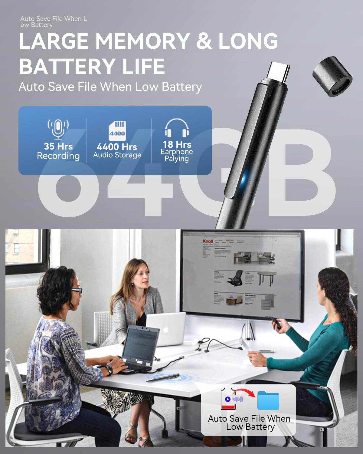 Professional Voice Recorder For Lectures Meetings,Digital Voice Activated Recorder With Playback,64Gb(4400Hrs) Dictaphone Audio