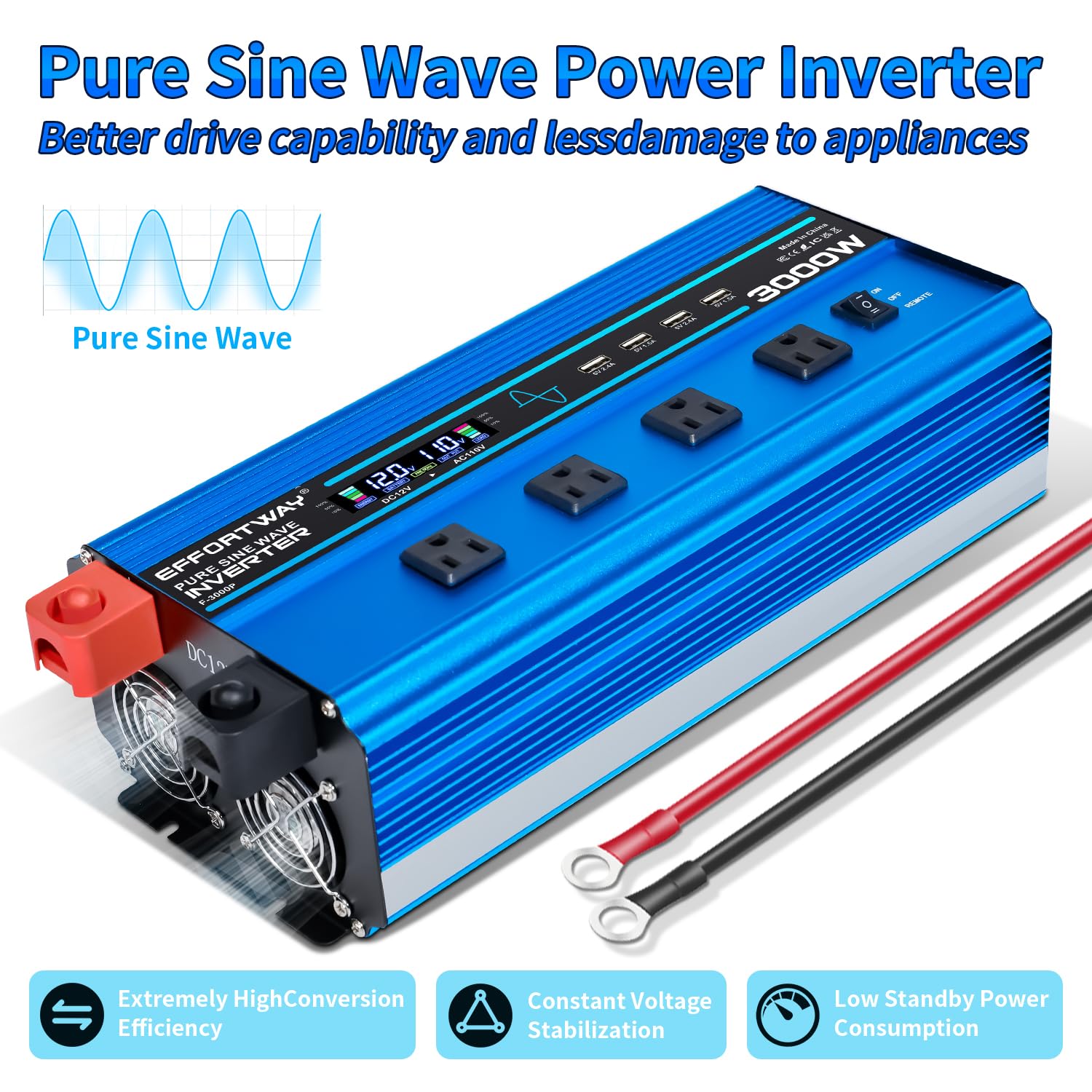 3000W Pure Sine Wave Inverter Dc 12V To Ac 110V/120V Converter, 6000W (Peak) With Lcd Display, Wireless/Wired Remote Control, 4A