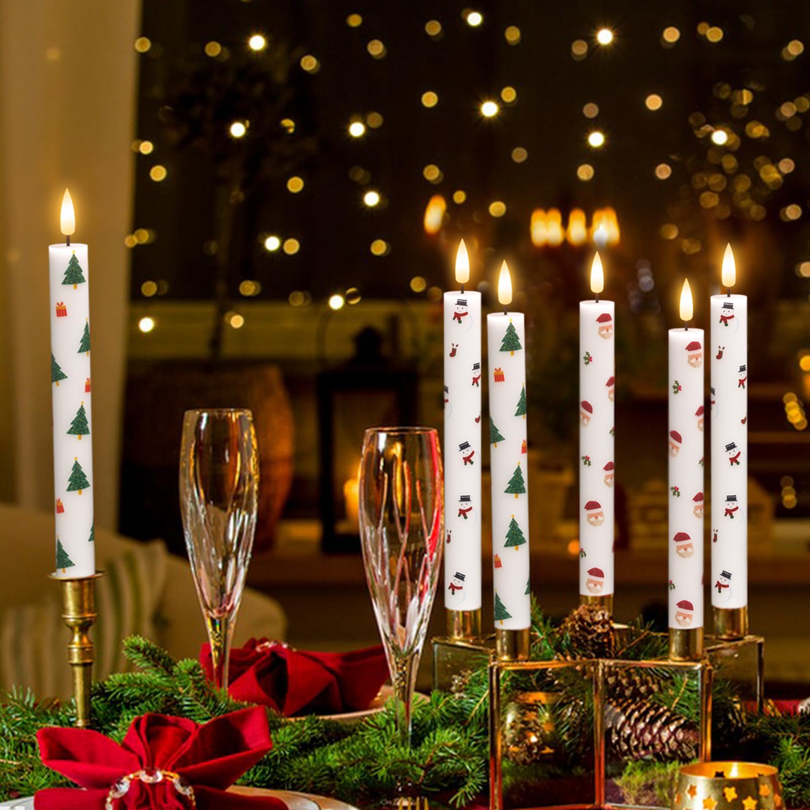 Kunswenn Christmas Flameless Taper Candles With Remote Timer, 6 Pcs Christmas Candlesticks With Christmas Tree Snowmans Santa De