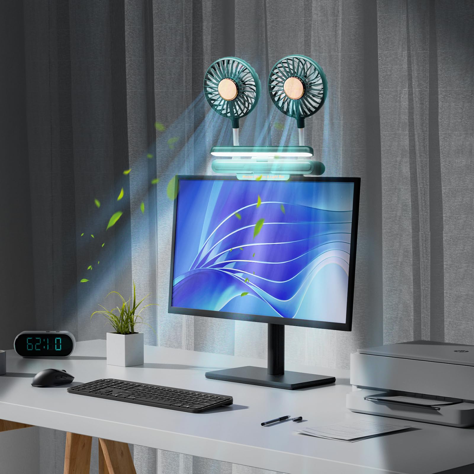 Monitor Lamp Light Bar With Fan Two Head Personal Cooling Fan Monitor Clip Quiet Usb Fan Flip Open Light, Level 3 Brightness Lig