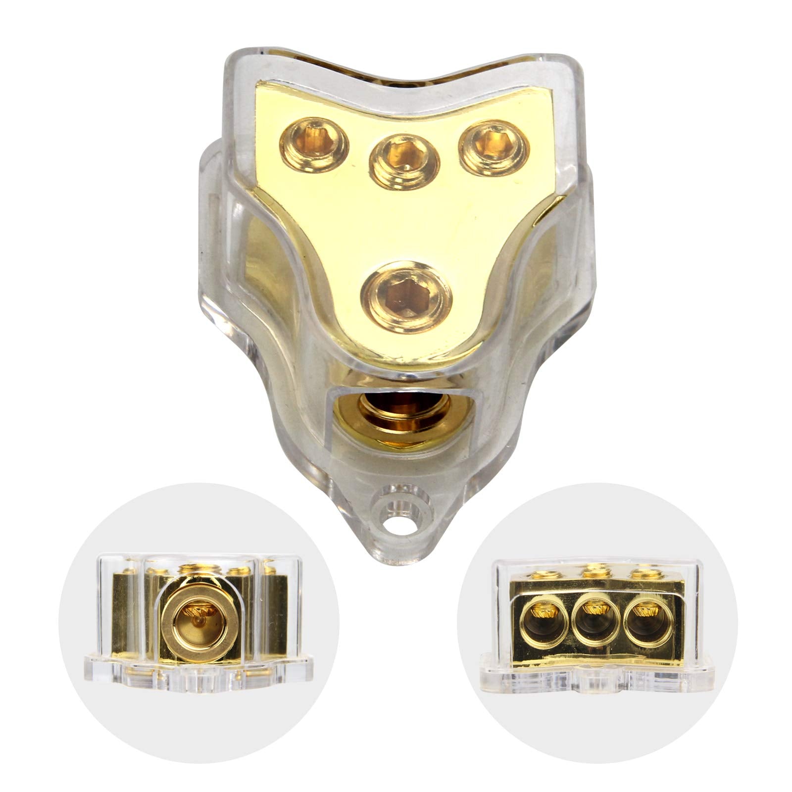 Rkurck 3 Way Copper Power Distribution Block, 0/2/4 Awg Gauge In, 4/8/10 Gauge Out, Car Audio Stereo Amp Distribution Connecting