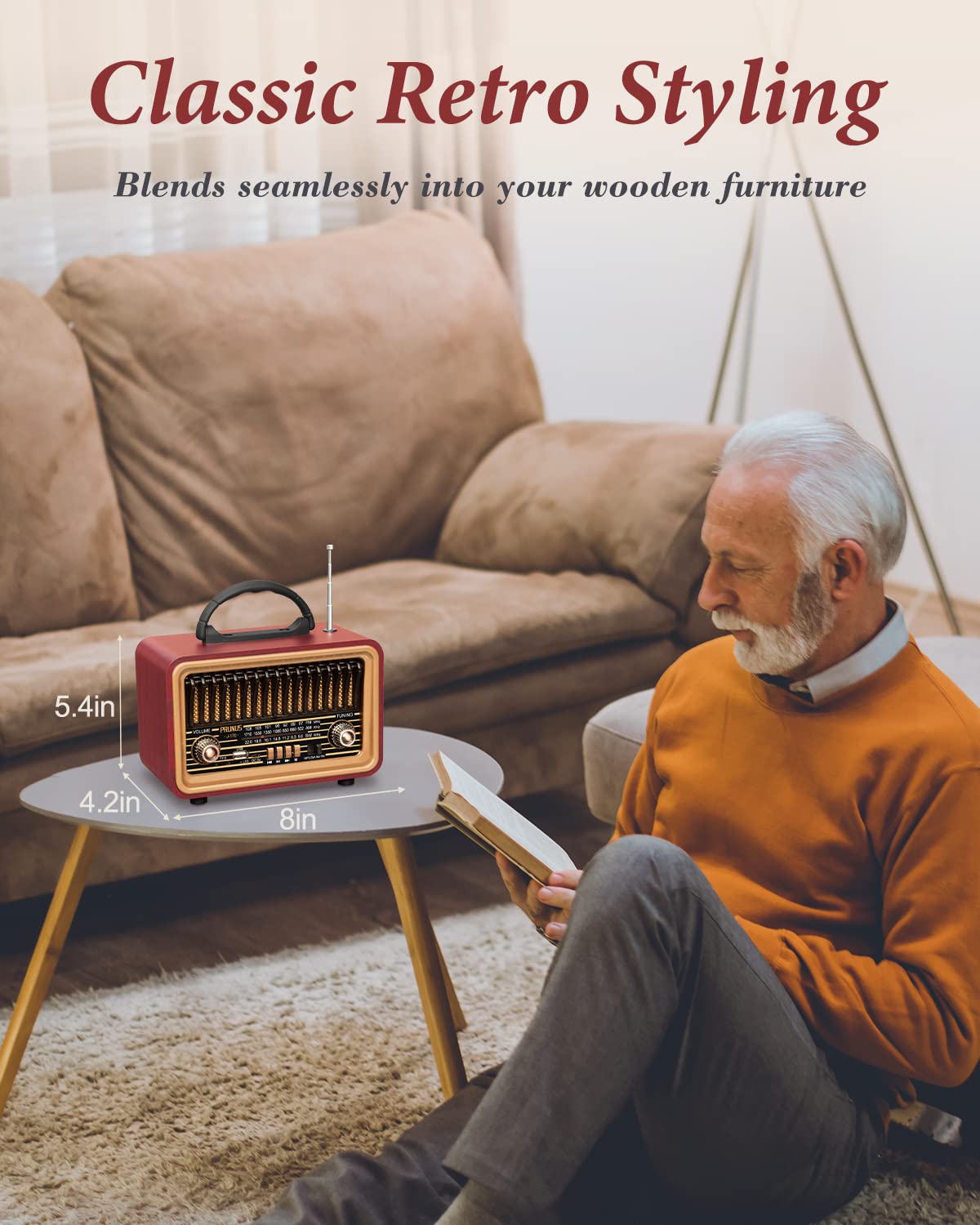 PRUNUS Retro Bluetooth Radio J-170, Portable AM/FM, Rich Bass, Small, Red, Wood, Rechargeable, TWS Pairing, MP3 Player