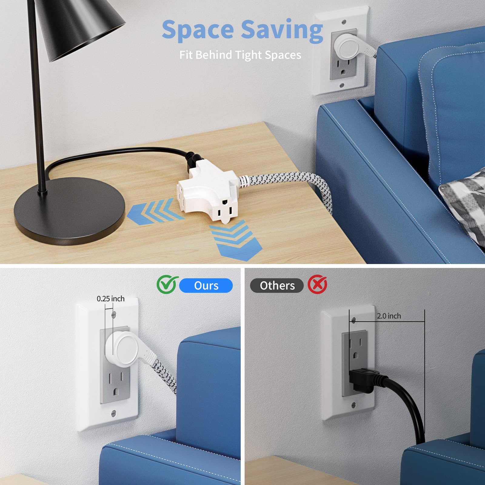 K Kasonic 3 Outlet Extension Cord, 6 Feet Flat Plug Extension Cord, 16/3 Sjtw 3 Wire Grounded, 13 Amp 125 V 1625 Watts, Braided