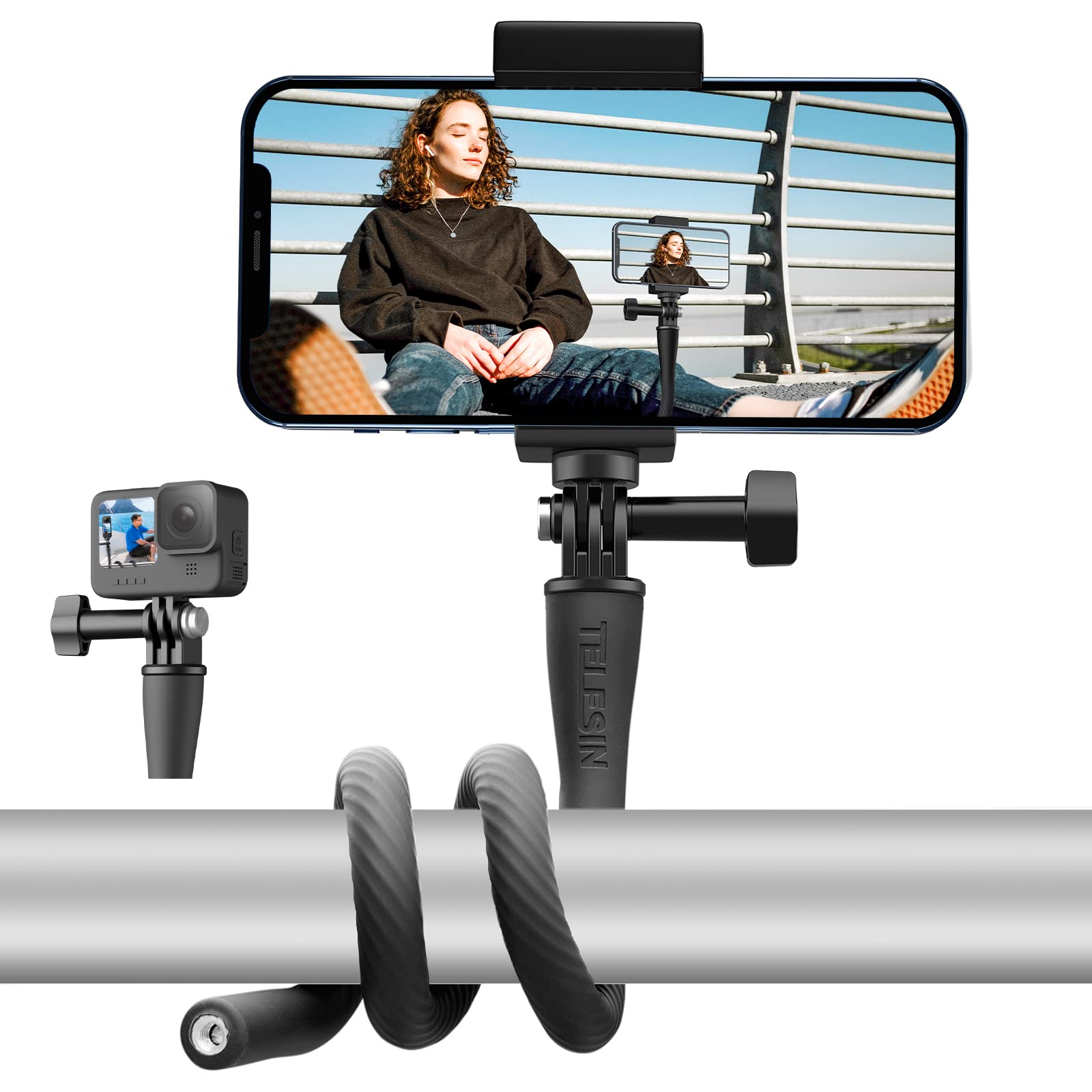 Telesin Flexible Mount Clamp For Gopro Insta360 Phones, Camera Iphone Android Tripod Stand Neck Holder Selfie Stick Pole For Bike, Motorcycle, Boat, Tube, Treadmill, Stroller, Car, Desk