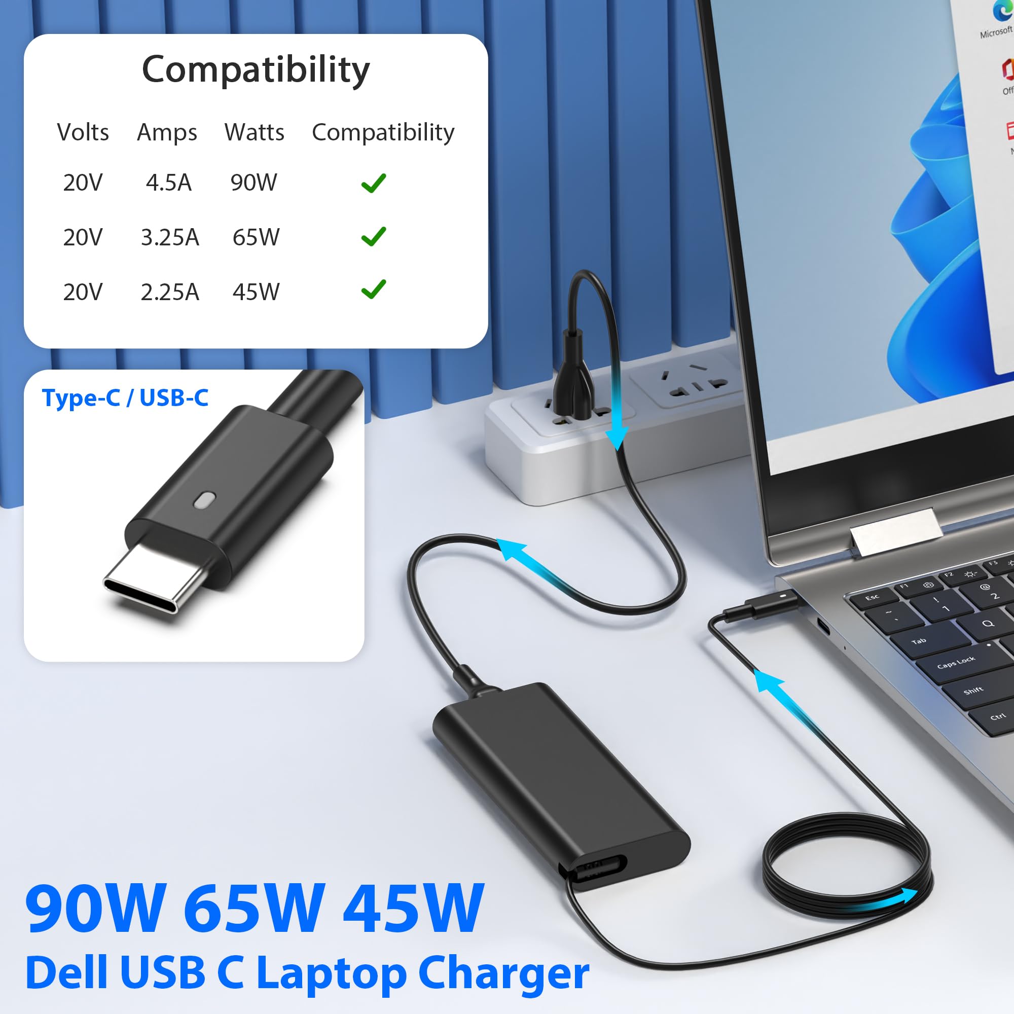 New 90W Usb C Type C Laptop Charger Power Adapter For Dell Xps,La90Pm170 Da90Pm170 Da65Nm170,Latitude 3400 3500 5400 5289 5300 7400 7300 7390 7200 2In1,Precision 3540 Power Cord Supply