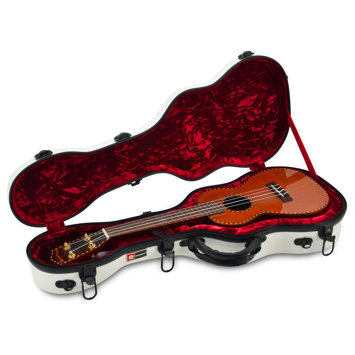 Crossrock Hardshell Fiberglass Concert Ukulele Case, Thick Padded, 4 Latches, Glossy Finish In White
