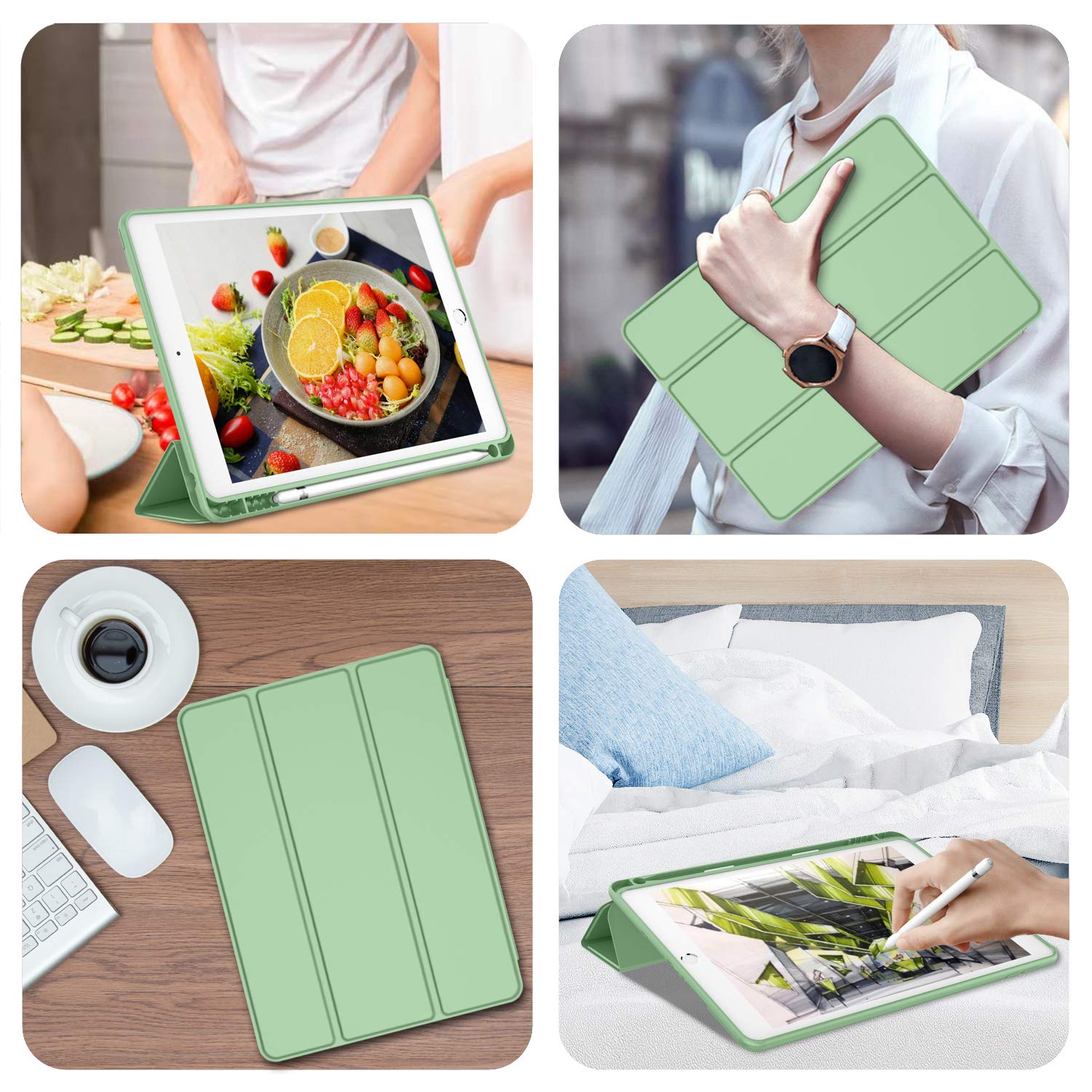 Imieet Ipad 9Th Generation Case 2021/Ipad 8Th Generation Case 2020 10.2 Inch With Pencil Holder, Ipad 7Th Gen 2019 Case With Soft Baby Skin Silicone Back, Auto Wake/Sleep Cover (Matcha Green)