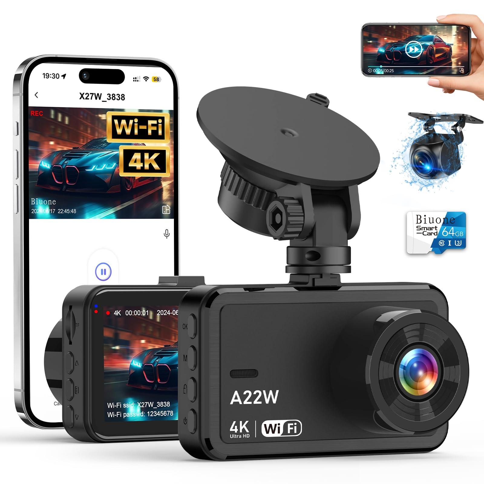 Front And Rear Dash Camera, 4K Dash Cam Wifi Car Camera With 64Gb Card, 3.0'' Ips Dash Camera For Cars With Usb Charger, Wdr, Ni