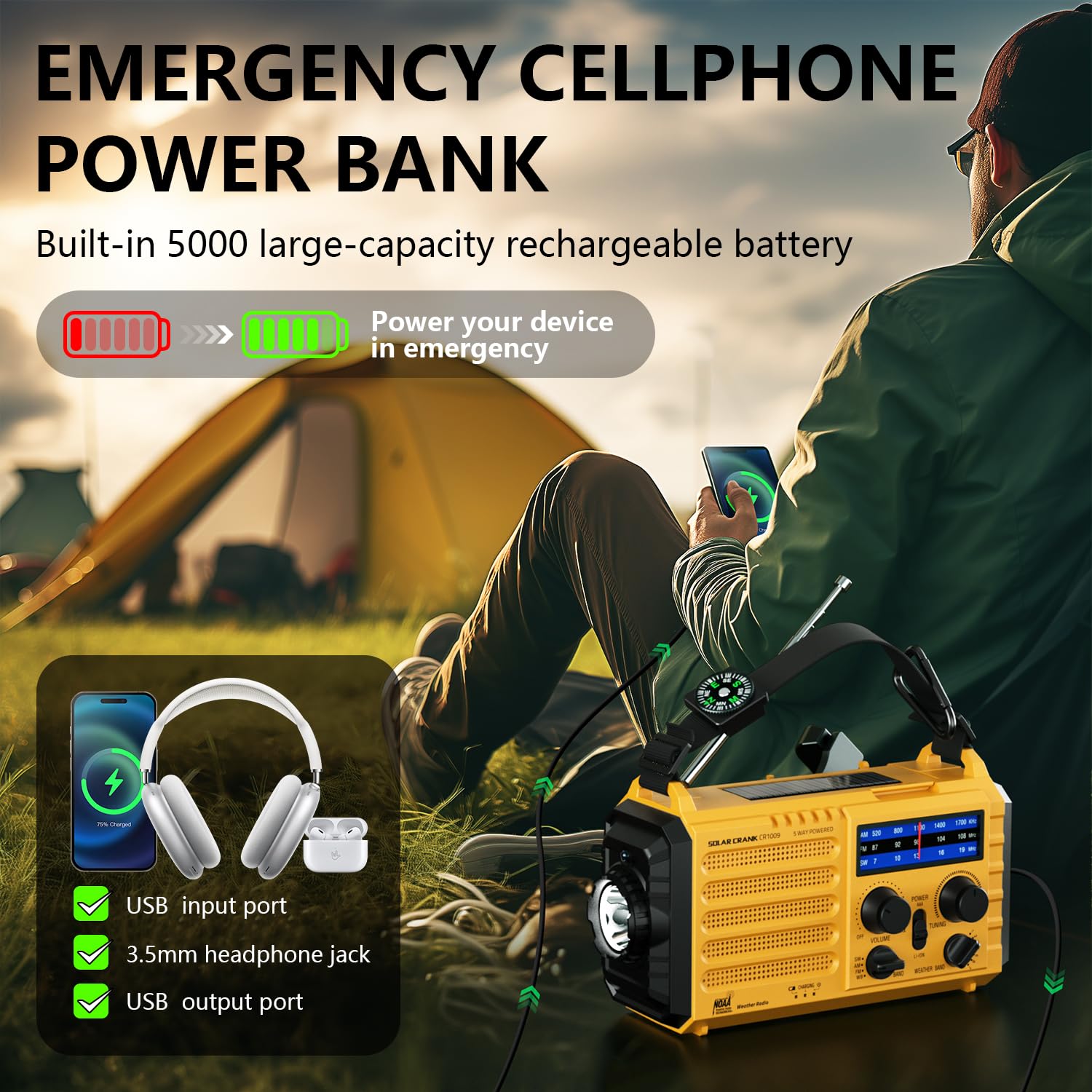 Emergency Weather Radio, 5 Ways Powered Crank Solar Radio, Portable Am/Fm/Sw/Noaa Weather Radio Battery Operated With Cellphone