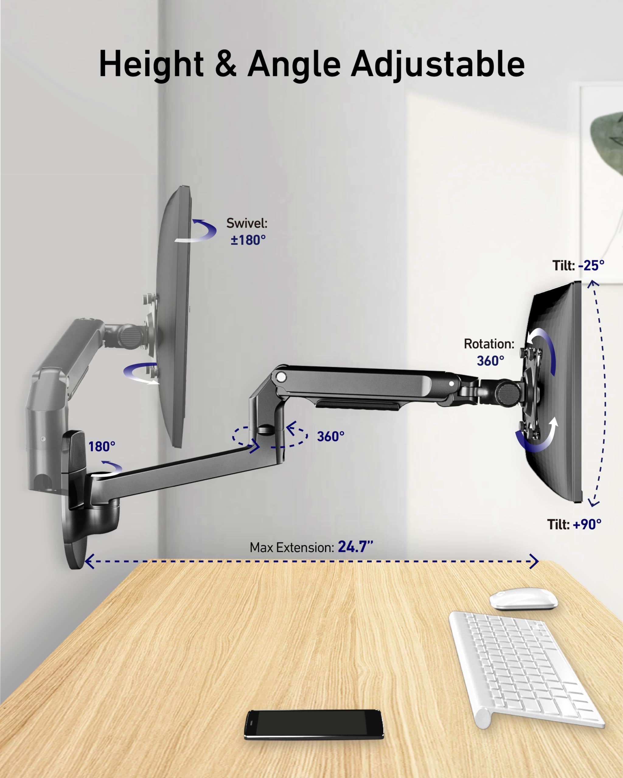 Ergounion Single Monitor Wall Mount For Flat/Curved Monitors Up To 38'' Within 25Lbs, Full Motion Adjustable Wall Mount Monitor