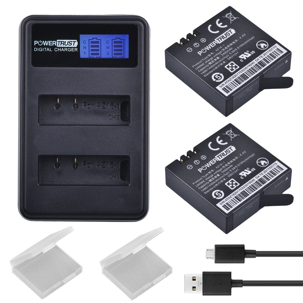 Powertrust 2 Pack Az16 1 Replacement Battery And Lcd Dual Usb Charger For Xiaoyi Yi 4K,Yi 4K+ And Yi Lite Sport Cameras