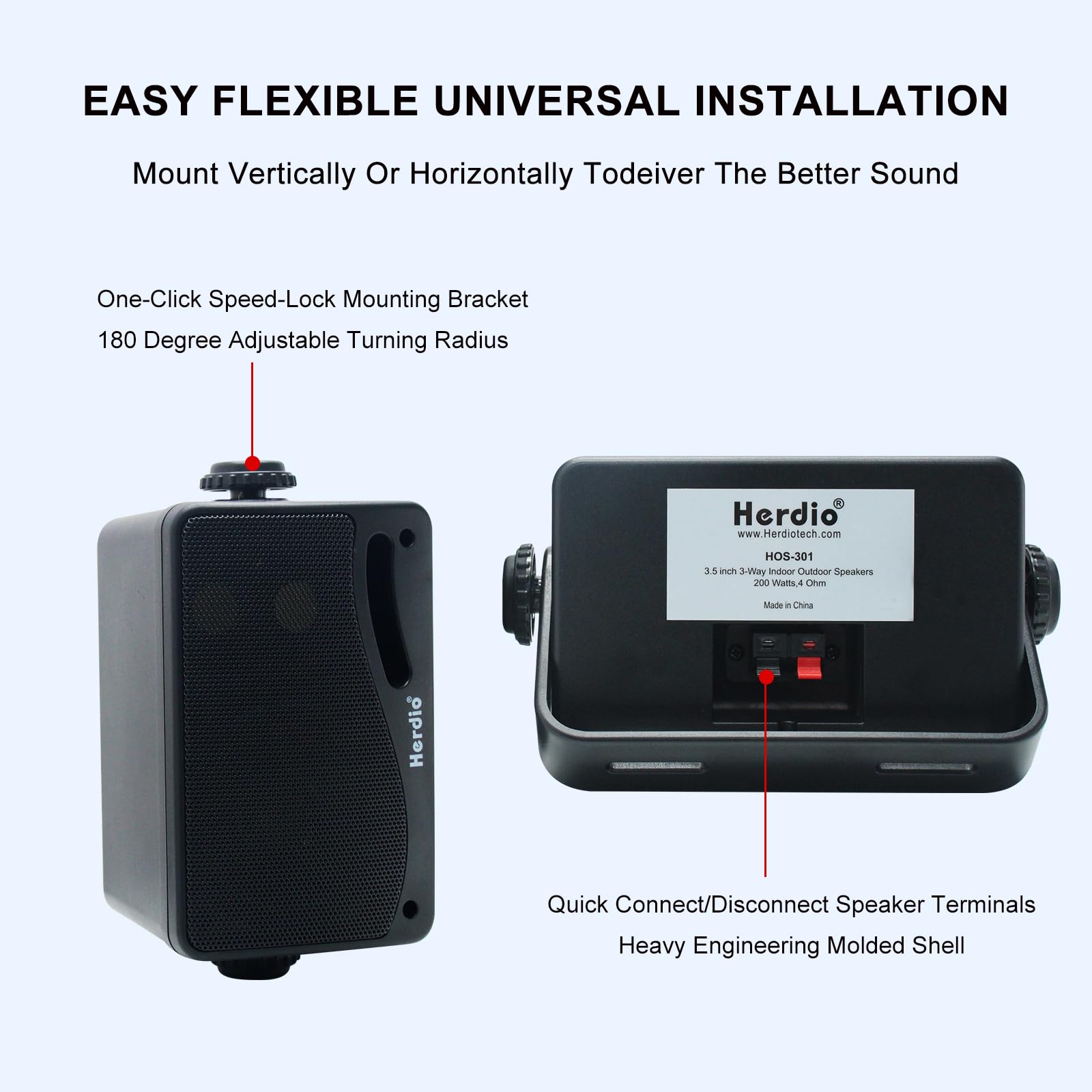 Herdio 3.5 Inch Passive Outdoor Speakers Wired Waterproof, 200W 3 Way Premium Mountable Wall Mount Speakers With Superior Sound,