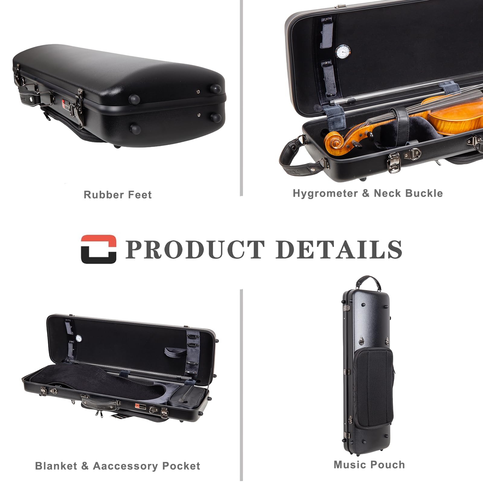 Crossrock Poly Carbon Oblong Violin Case For 4/4 Full-Size | Matte Black Finish, Hygrometer, Music Pouch, Accessory Storage - Li