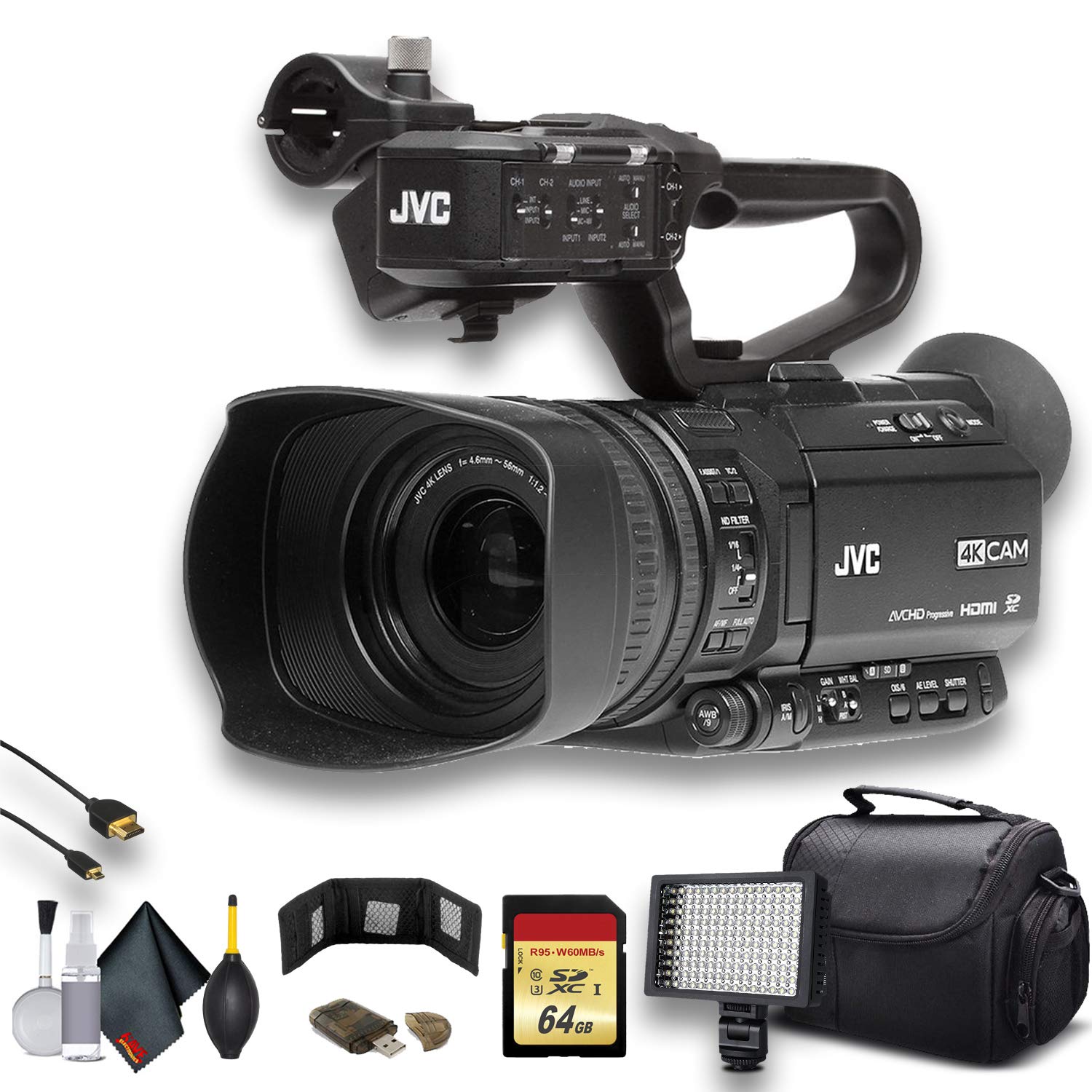 Jvc Gy-Hm250 Uhd 4K Streaming Camcorder W/ 64Gb Memory Card, Hdmi Cable, Case, Led Light, Cleaning Kit And More. Professional Bu