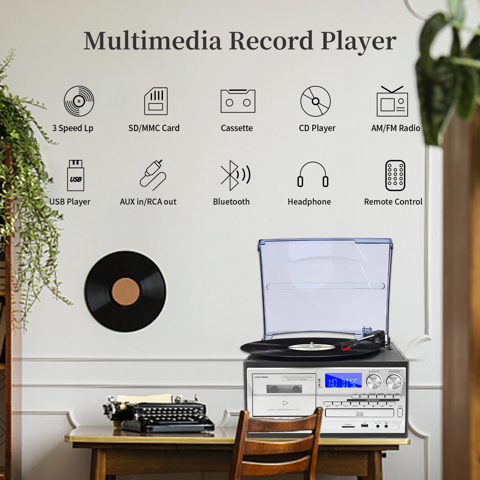 Musitrend 9 In 1 Record Player With External Speakers,3 Speed Bluetooth Turntable Vinyl Player With Cd/Cassette Play,Am/Fm Radio
