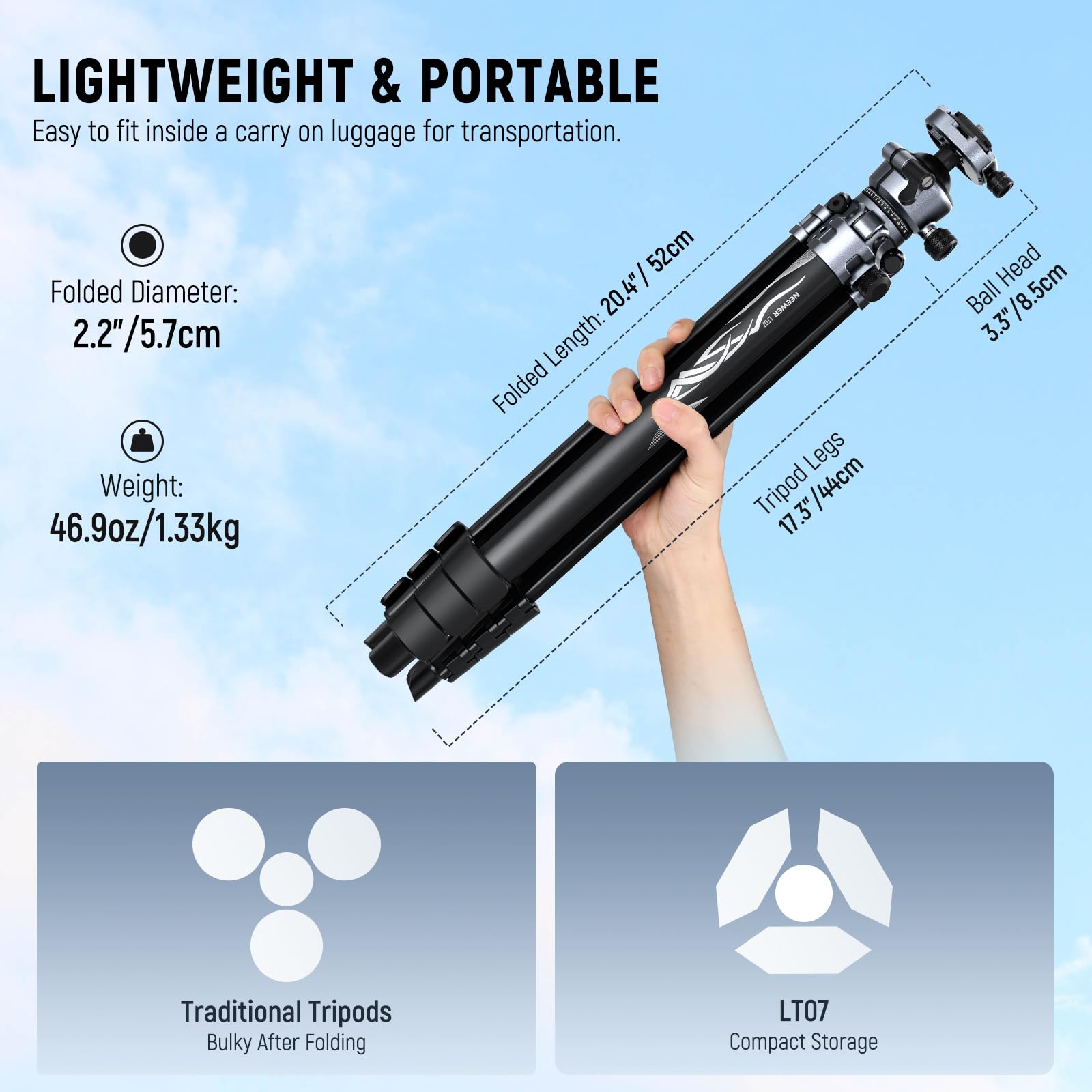 Neewer Litetrip Lt07 61'' Aluminum Travel Tripod For Camera W Pan Tilt Low Profile Ball Head, Arca Qr Plate Compatible With Peak