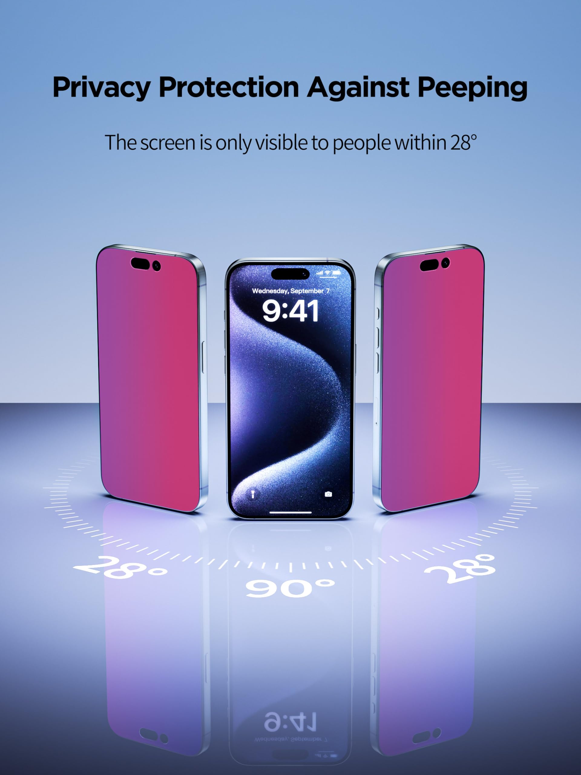 Pddkiss Compatible For Iphone 14 Pro Privacy Screen Protector Tempered Glass 6.1 Inch, Pink Gradient Anti Spy Anti Blue Light Hd