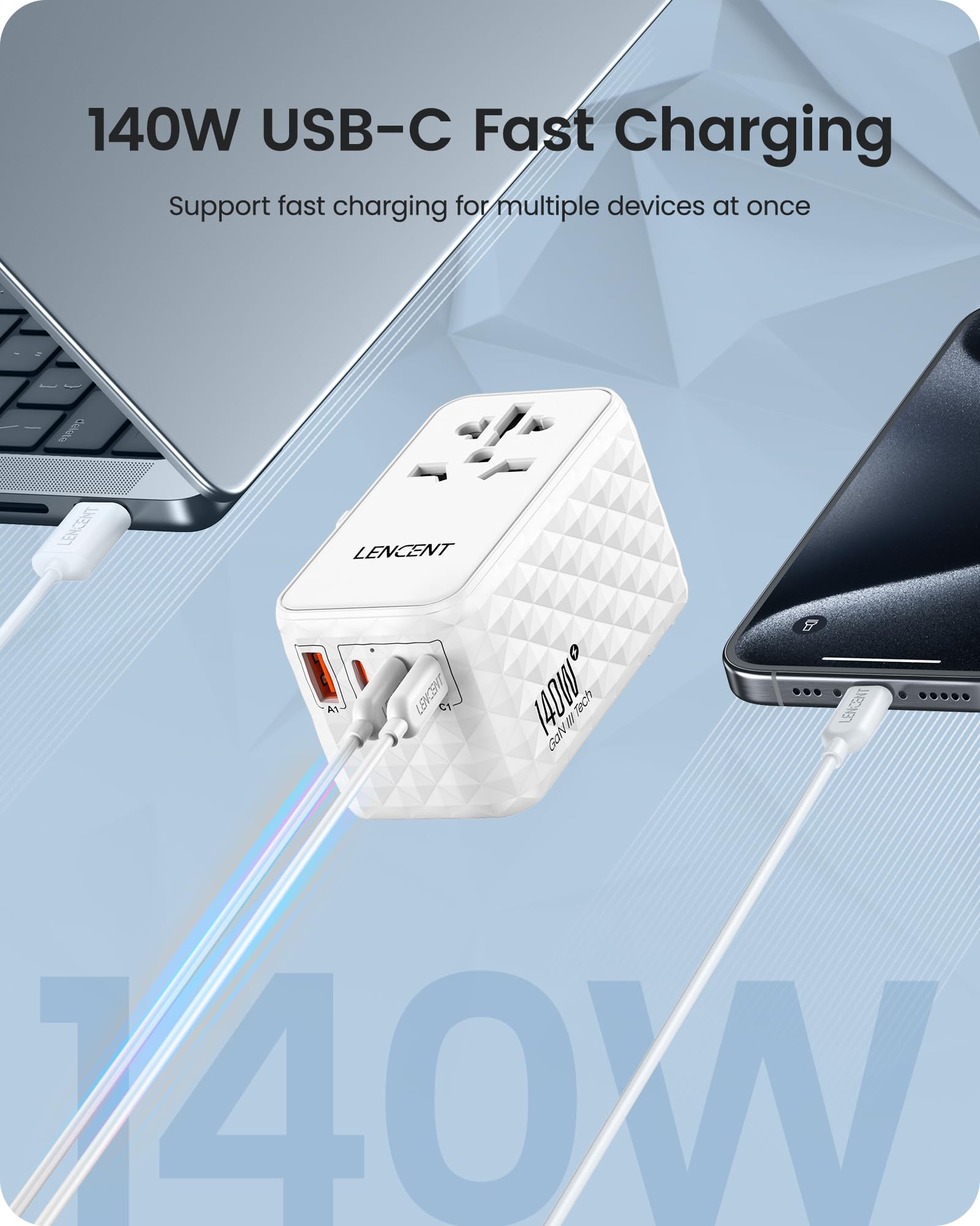 Lencent 140W International Travel Adapter, Gan Universal Travel Adapter With 1 Usb A & 3 Type C Power Adapter, Fast Charger For
