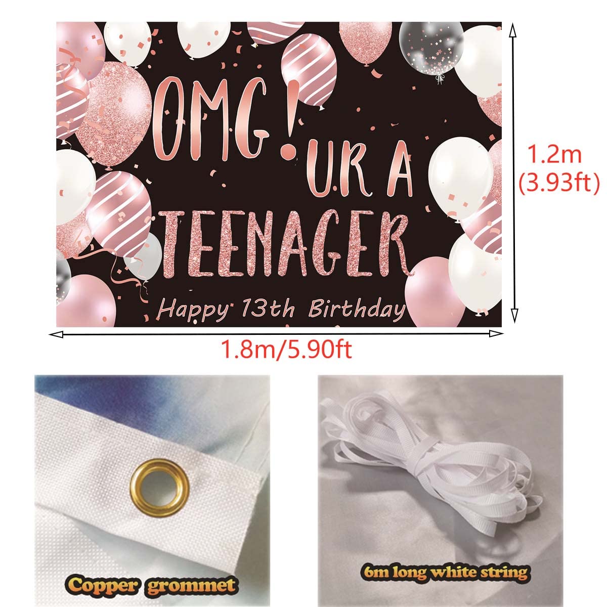 13Th Birthday Backdrop Banner, Omg Ur A Teenager 13Th Birthday Photography Background Black And Rose Gold, 13 Year Old Girls Bir