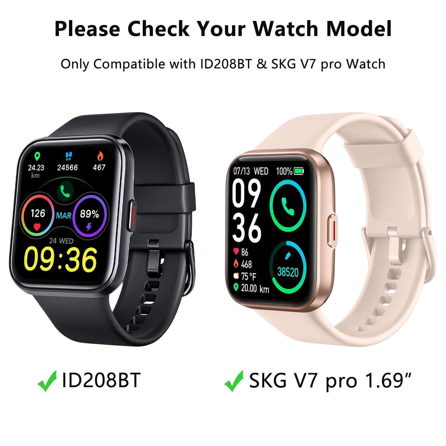 Lzwldan 2 Pack Slim Watch Bands Compatible With Enomir Id208Bt / Skg V7 Pro Smart Watch, Soft Sport Replacement Strap For Aeac I