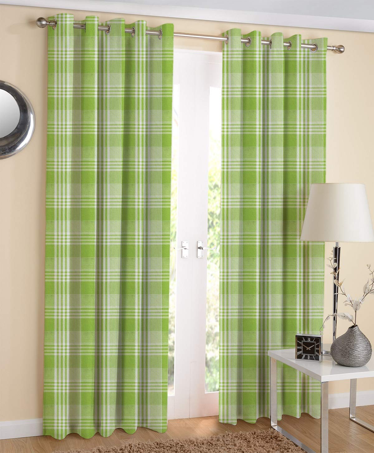 AIRWILL Cotton Grommet Checkered Semi Sheer Curtain Finial with Bracket, 4 X 7 Ft, Green, Pack of 2