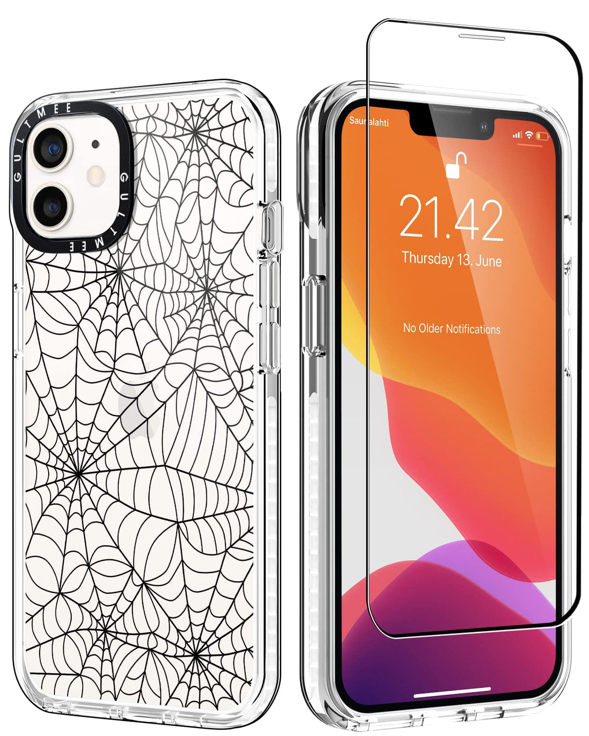Gultmee For Iphone 12 Case & Iphone 12 Pro Case 6.1Inch With Tempered Glass Screen Protector,Spider Web Halloween Print Design W
