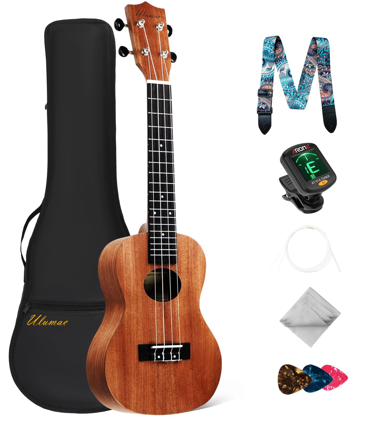 Concert Ukulele, Solid Mahogany 23Inch Ukelele For Adults Kids Beginner With Gig Bag, Digital Tuner, Replacing Strings, 3 Guitar