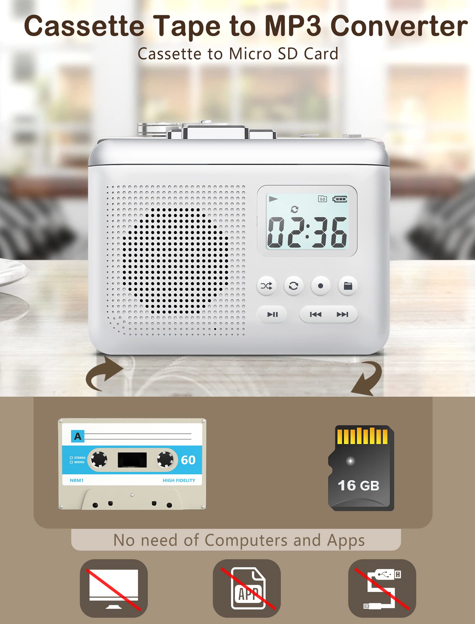 Gracioso Portable Cassette Player Recorder Converter,Cassette To Mp3 Via Sd Card, Walkman Cassette Tape Player With 1000Mah Rech