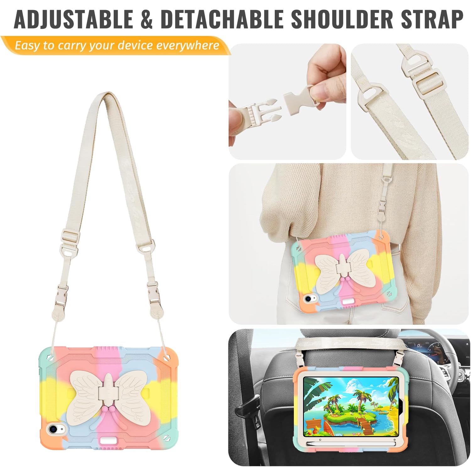 Dreamerx Ipad Mini 6 Case With Butterfly Kickstand Pencil Holder Shoulder Strap, Heavy Duty Rugged Protective Cute Cover For Kid